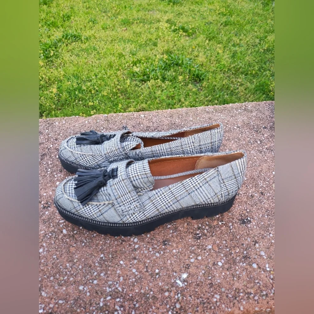 Franco Sarto Black and White Plaid Loafers - Picture 2 of 6